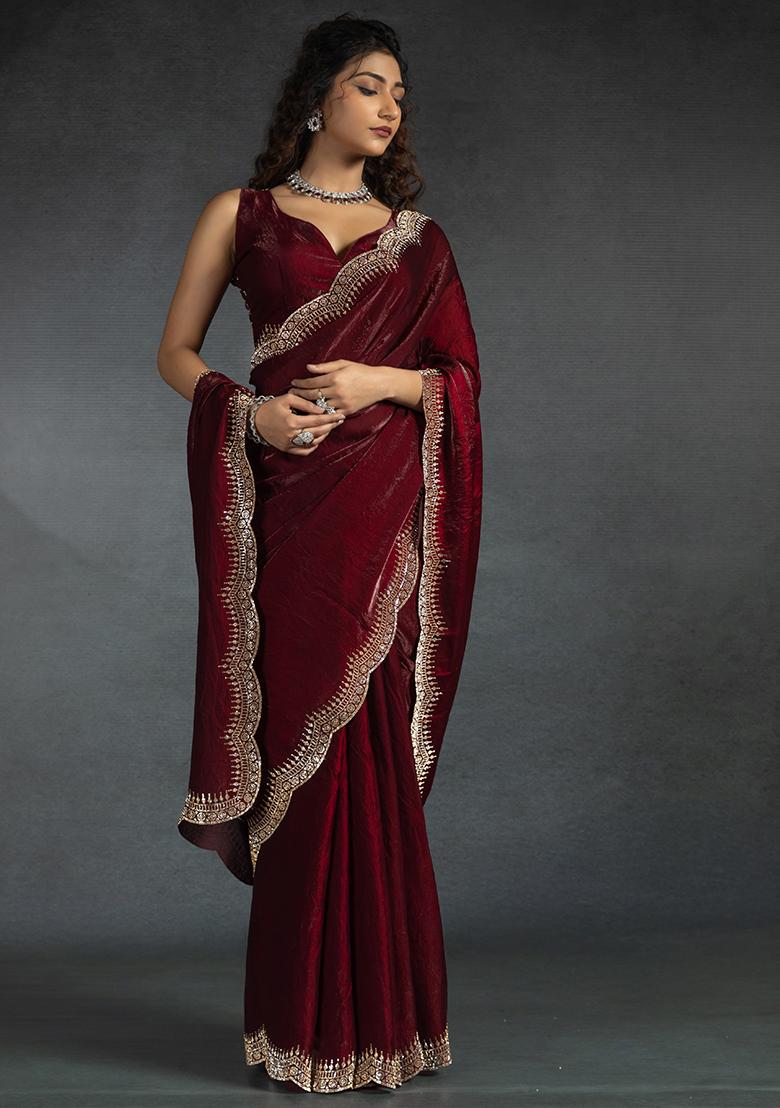 Maroon Embrodery Work Silk Saree Set - Indya