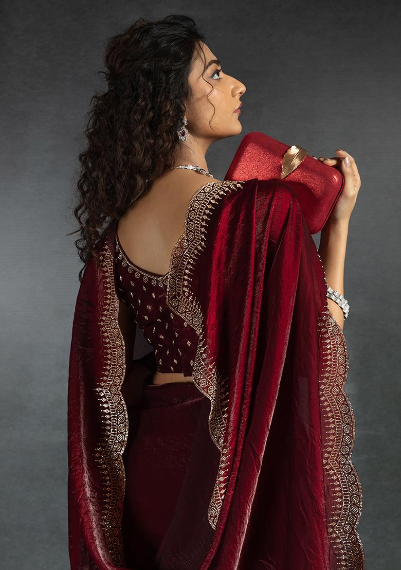 Maroon Embrodery Work Silk Saree Set - Indya