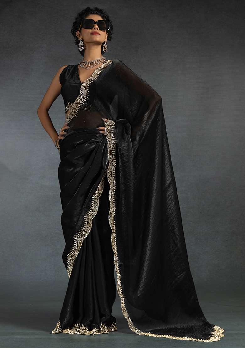 Black Embrodery Work Silk Blend Saree Set for Diwali | Wedding & Festive Wear - Indya