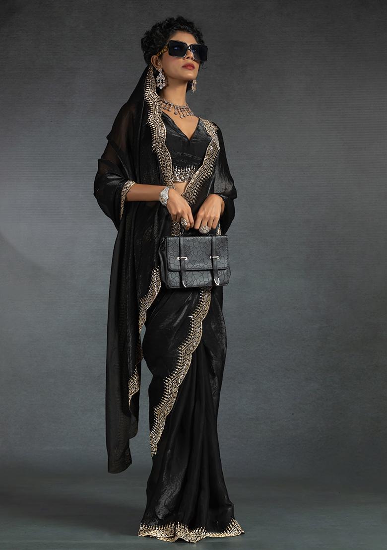 Black Embrodery Work Silk Saree Set - Indya