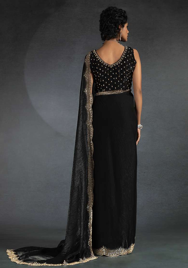 Black Embrodery Work Silk Blend Saree Set for Diwali | Wedding & Festive Wear - Indya