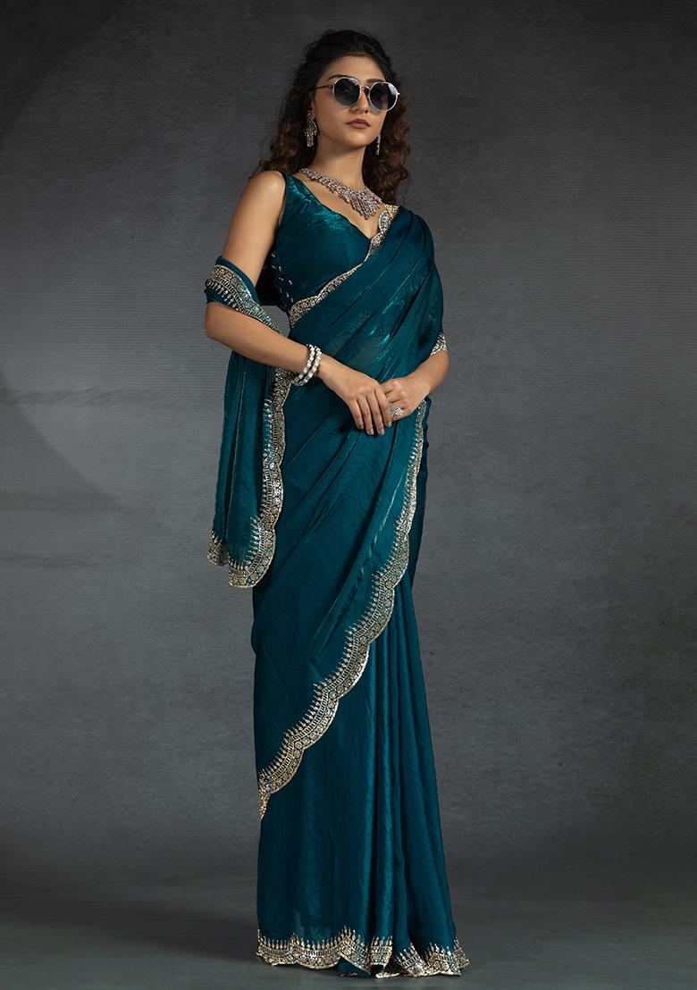 Firozi Embrodery Work Silk Saree Set - Indya