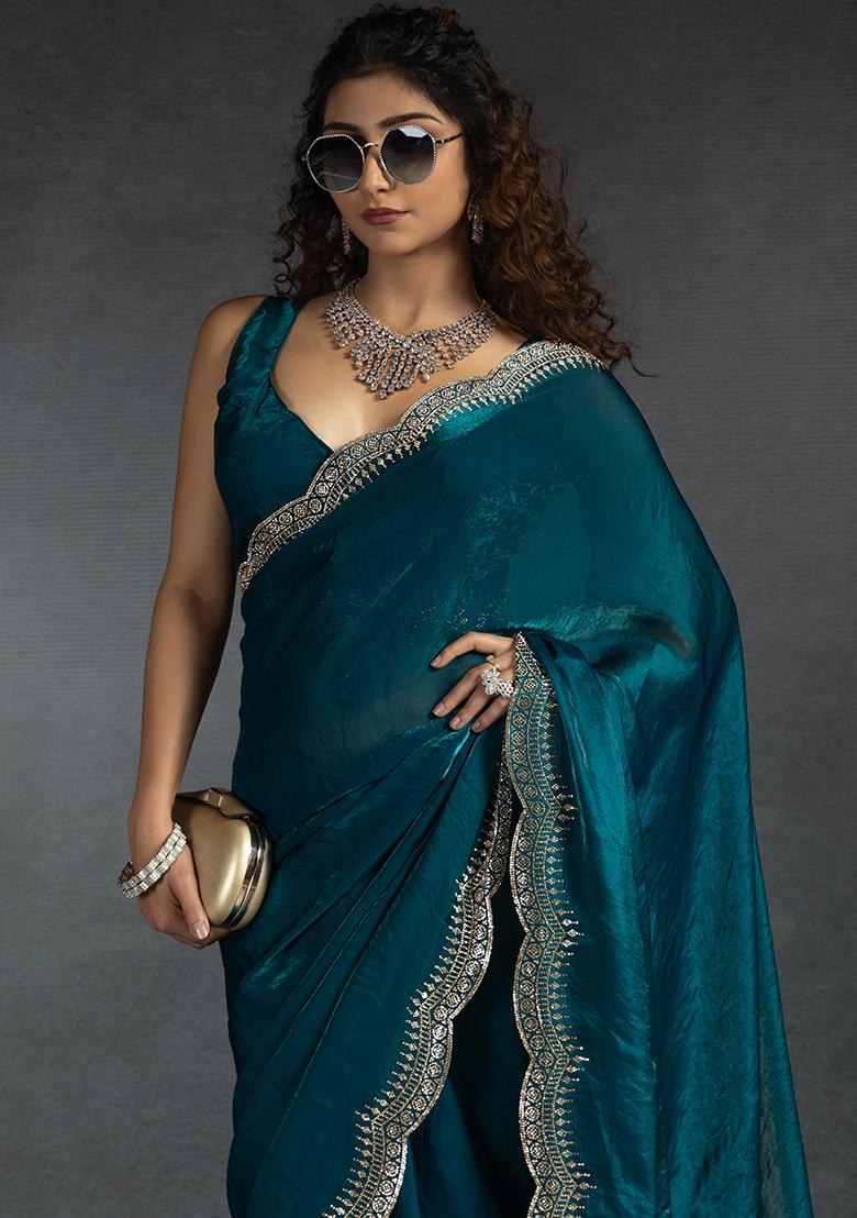 Firozi Embrodery Work Silk Saree Set - Indya