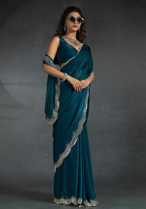 Firozi Embrodery Work Silk Saree Set