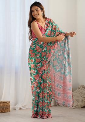 Multicolor Digital Print Chinon Saree Set