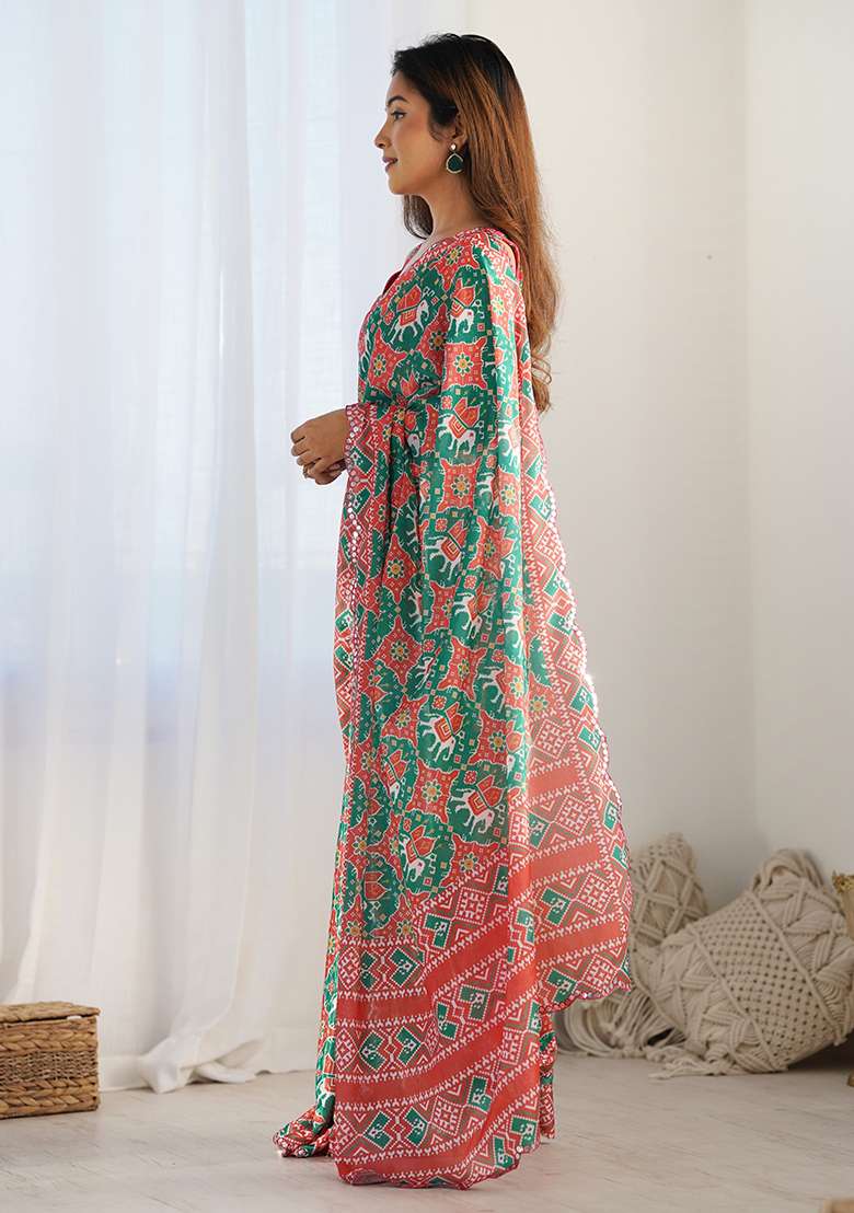 Multicolor Chinon Saree Set with Digital Print for Diwali | Wedding & Festive Wear - Indya