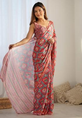 Red Digital Print Chinon Saree Set
