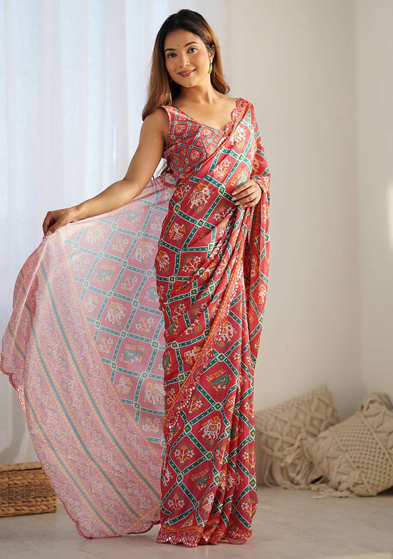 Red Chinon Saree Set with Digital Print for Diwali | Wedding & Festive Wear - Indya