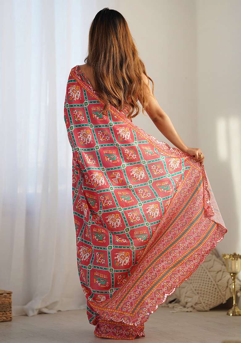 Red Chinon Saree Set with Digital Print for Diwali | Wedding & Festive Wear - Indya