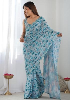 Aqua Digital Print Chinon Saree Set