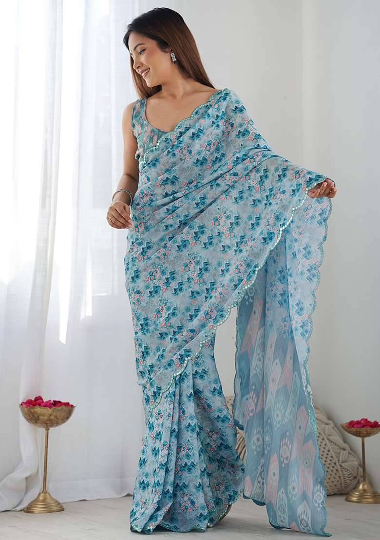 Aqua Chinon Saree Set with Digital Print for Diwali | Wedding & Festive Wear - Indya