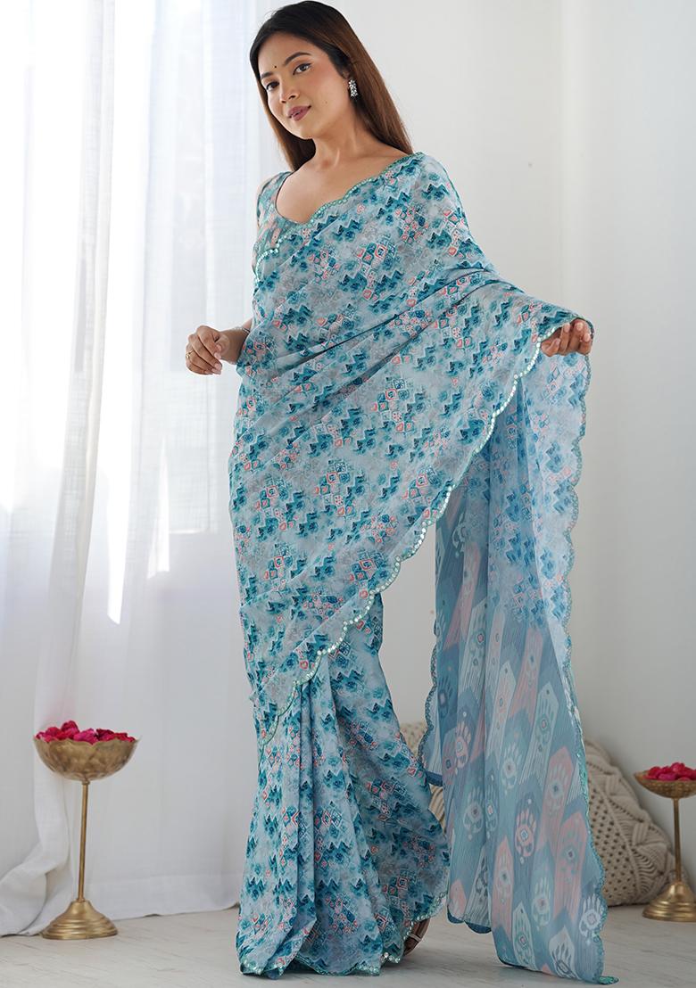 Aqua Digital Print Chinon Saree Set - Indya
