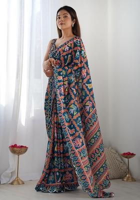Navy Digital Print Chinon Saree Set