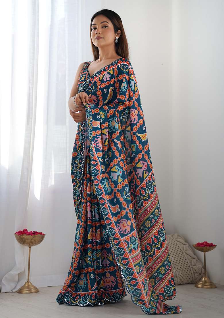 Navy Digital Print Chinon Saree Set for Diwali and Festive Wear - Indya