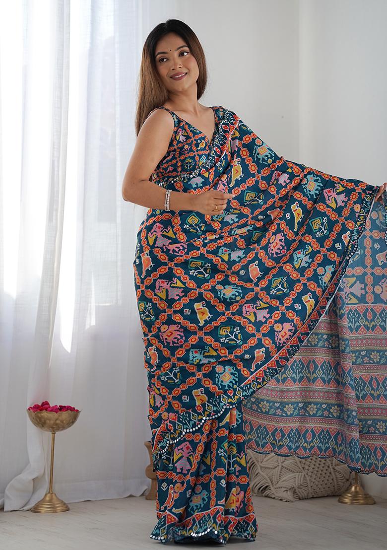 Navy Digital Print Chinon Saree Set - Indya