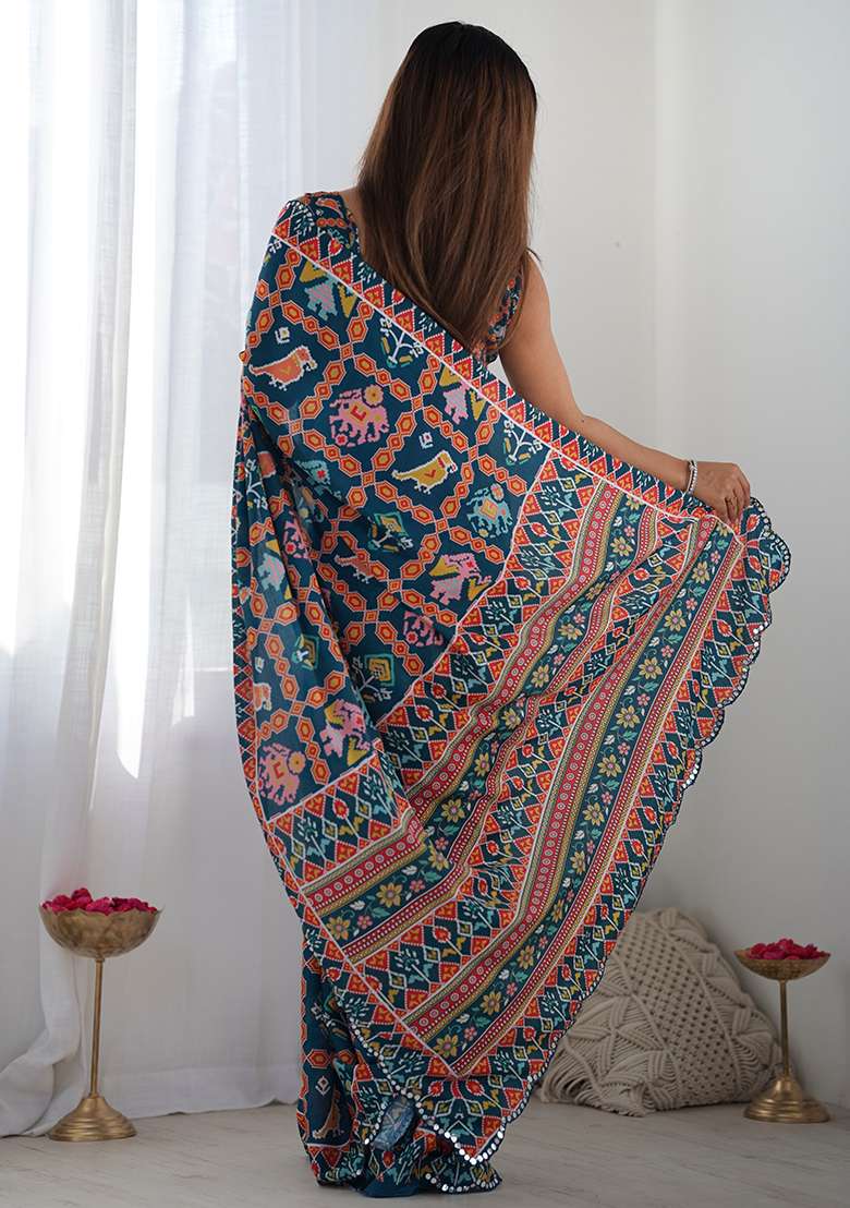 Navy Digital Print Chinon Saree Set for Diwali and Festive Wear - Indya