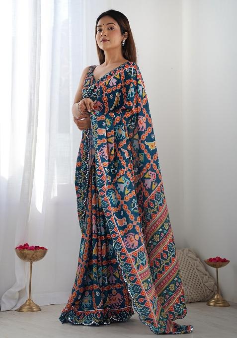 Navy Digital Print Chinon Saree Set