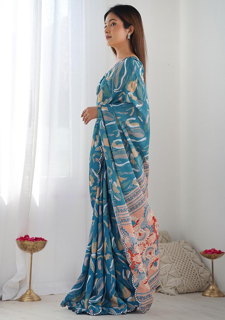 Blue Digital Print Chinon Saree Set - Indya