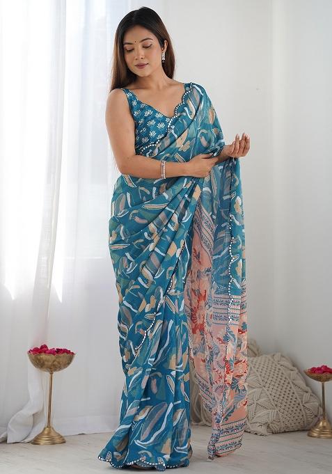 Blue Digital Print Chinon Saree Set