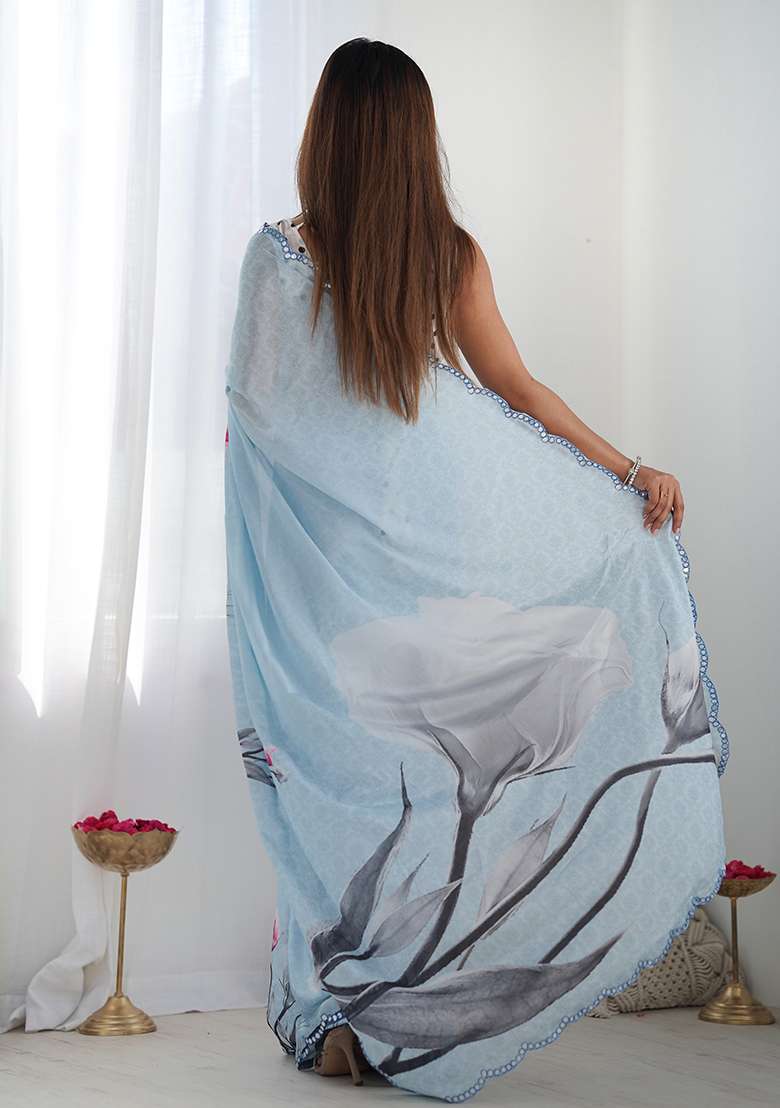 White Chinon Saree Set with Digital Print for Diwali | Wedding & Festive Wear - Indya