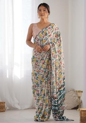 Multicolor Digital Print Chinon Saree Set