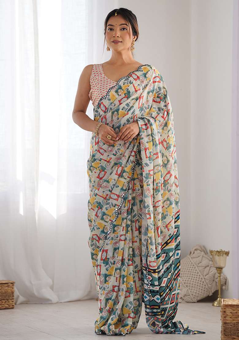 Multicolor Digital Print Chinon Saree Set for Diwali and Festive Wear - Indya