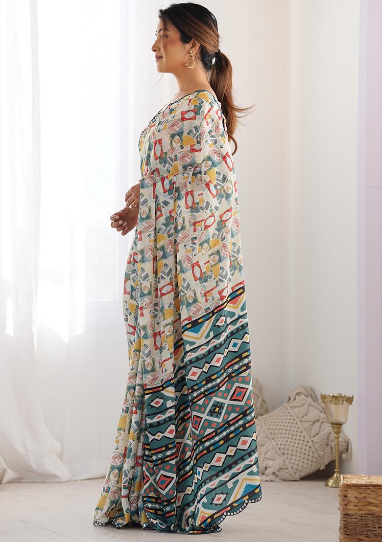 Multicolor Digital Print Chinon Saree Set - Indya