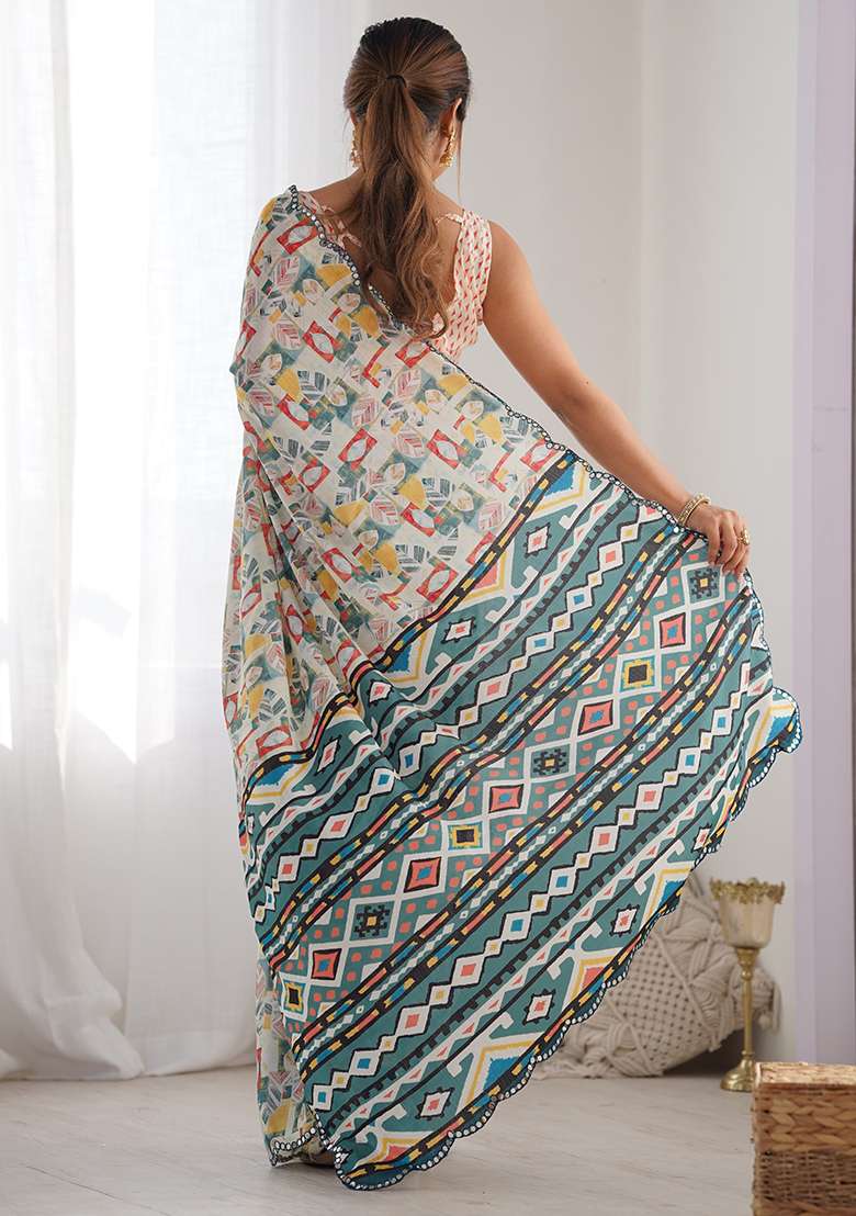 Multicolor Digital Print Chinon Saree Set for Diwali and Festive Wear - Indya