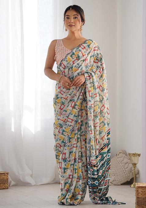 Multicolor Digital Print Chinon Saree Set