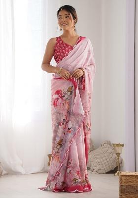 Pink Digital Print Chinon Saree Set