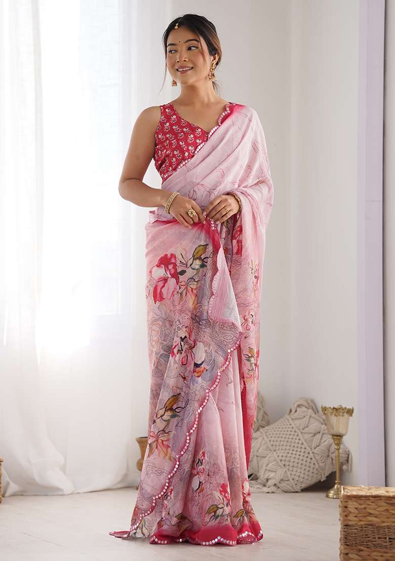 Pink Chinon Saree Set with Digital Print for Diwali | Wedding & Festive Wear - Indya