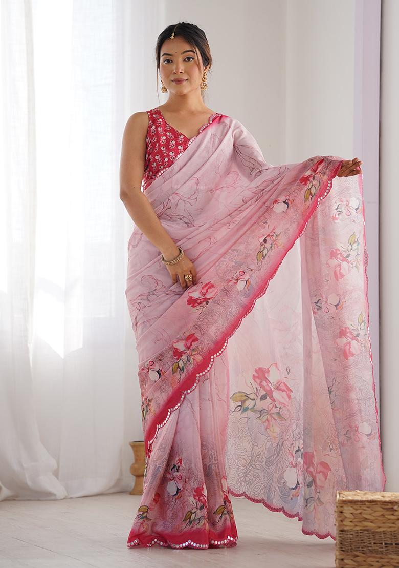 Pink Digital Print Chinon Saree Set - Indya