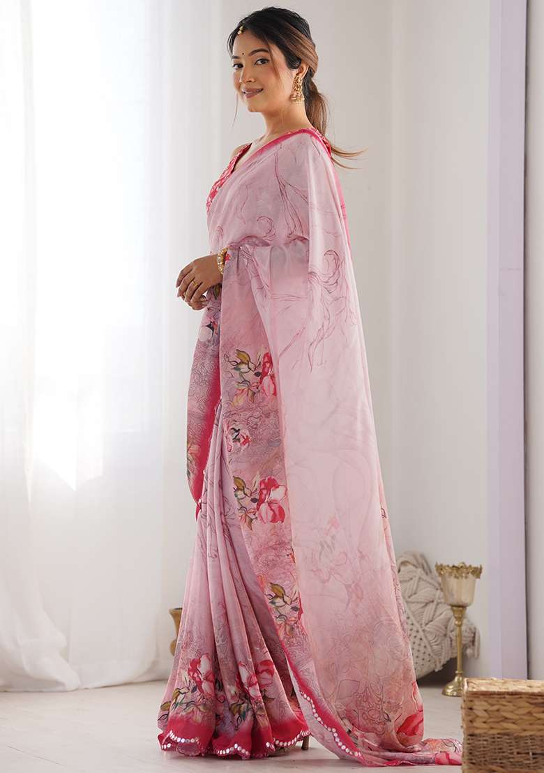 Pink Chinon Saree Set with Digital Print for Diwali | Wedding & Festive Wear - Indya