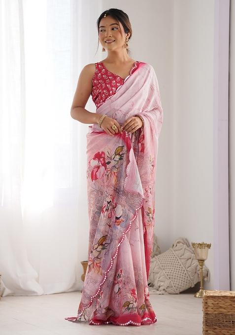 Pink Digital Print Chinon Saree Set