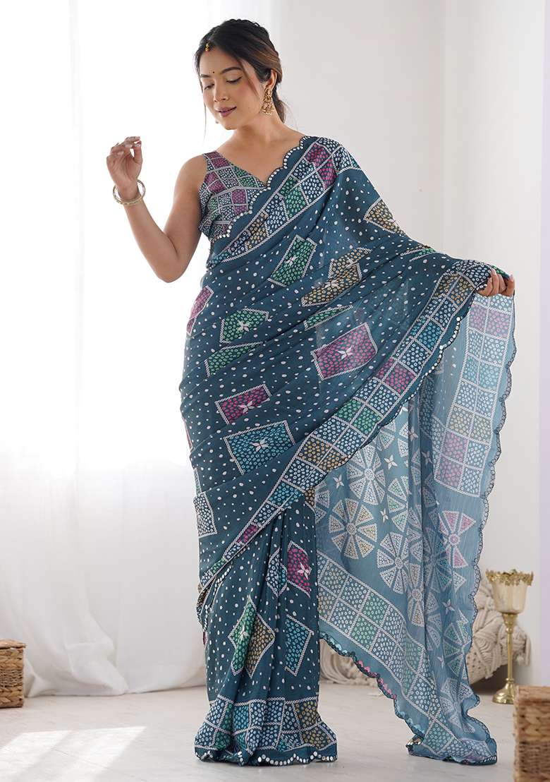 Grey Digital Print Chinon Saree Set for Diwali and Festive Wear - Indya