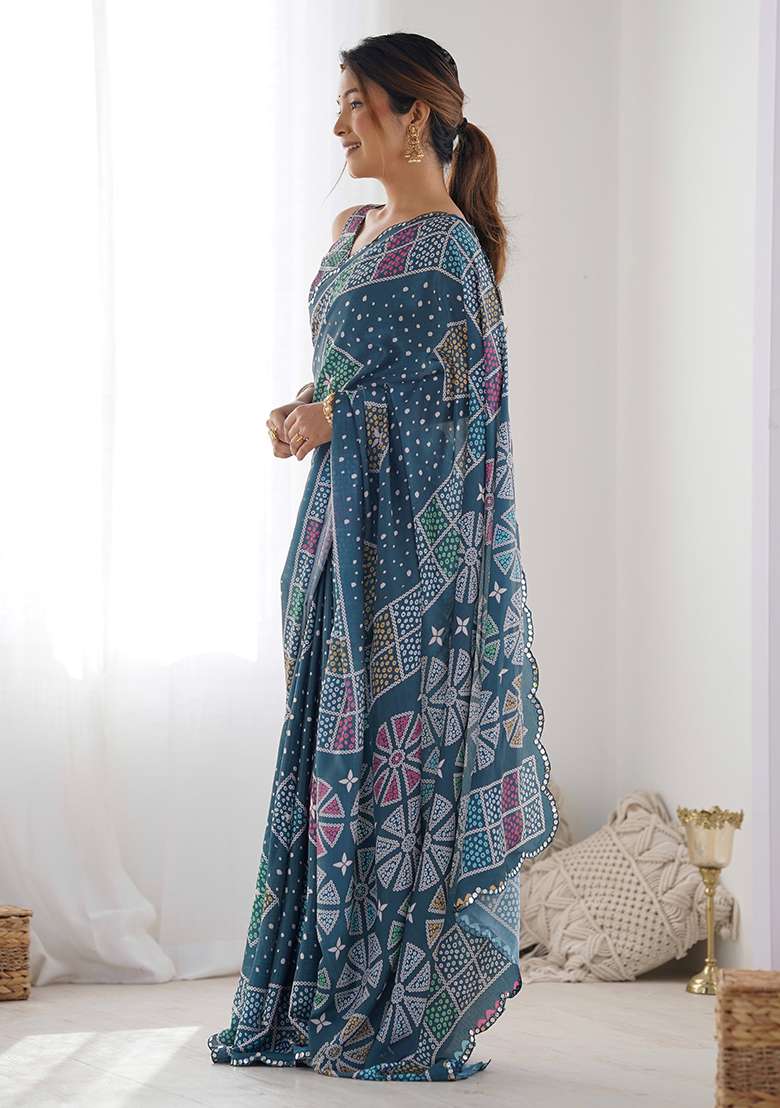 Grey Digital Print Chinon Saree Set for Diwali and Festive Wear - Indya