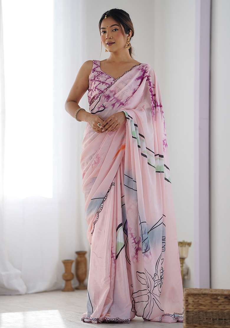 Purple Chinon Saree Set with Digital Print for Diwali | Wedding & Festive Wear - Indya