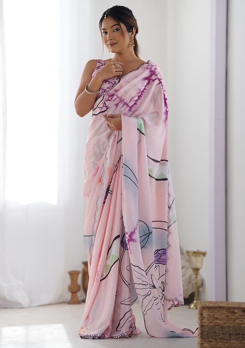 Purple Digital Print Chinon Saree Set - Indya
