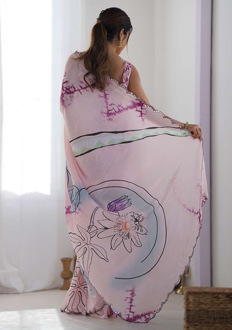 Purple Chinon Saree Set with Digital Print for Diwali | Wedding & Festive Wear - Indya