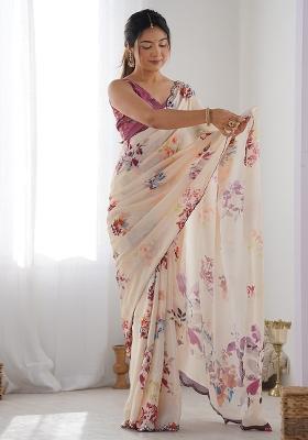 Cream Digital Print Chinon Saree Set
