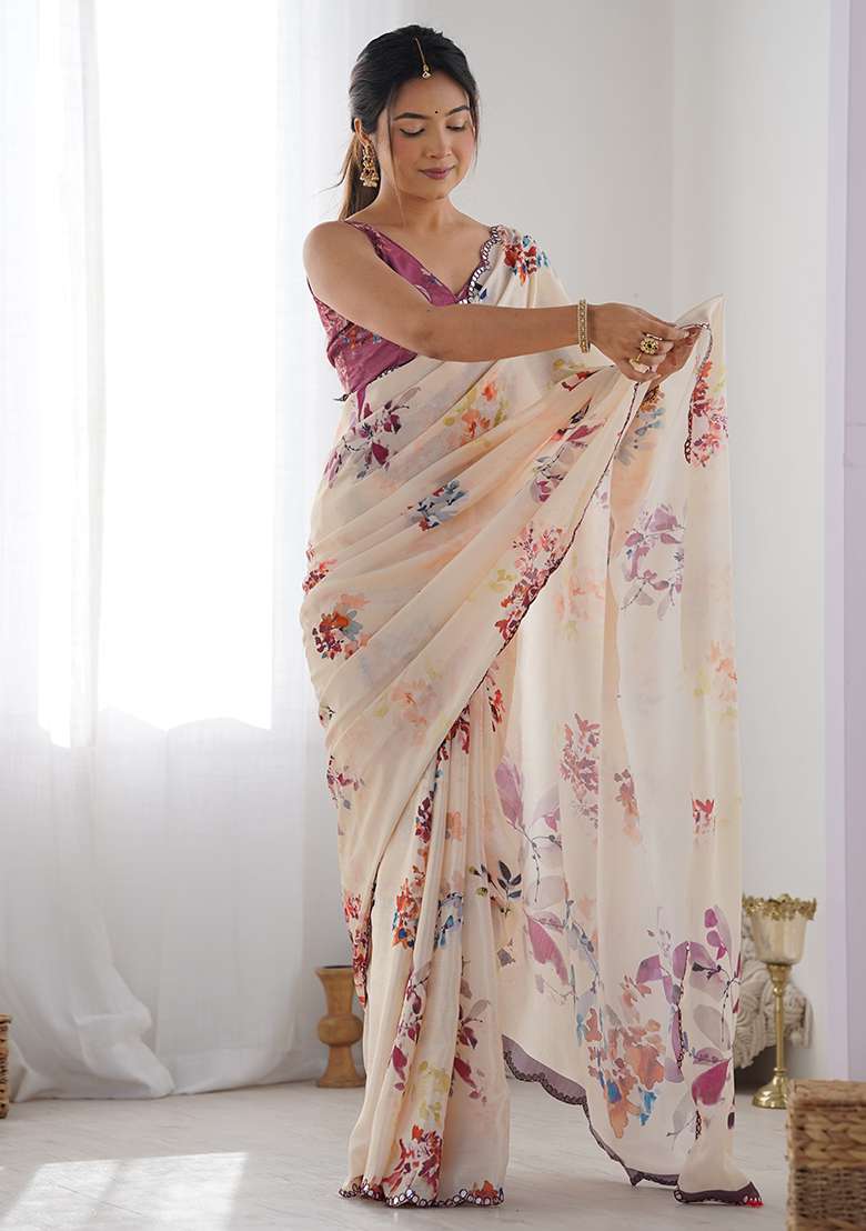 Cream Digital Print Chinon Saree Set for Diwali and Festive Wear - Indya
