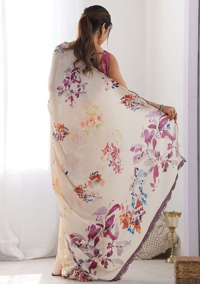 Cream Digital Print Chinon Saree Set for Diwali and Festive Wear - Indya
