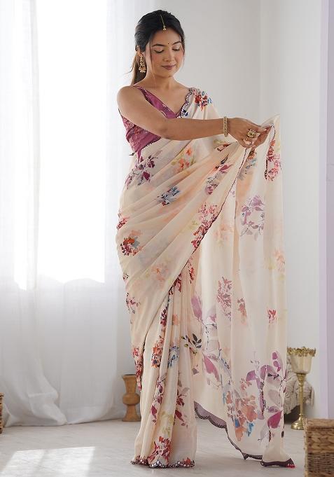 Cream Digital Print Chinon Saree Set