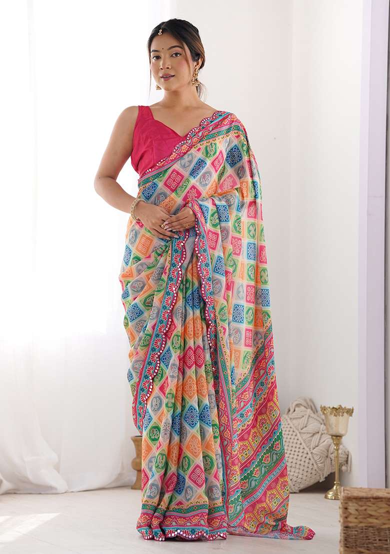 Multicolor Digital Print Chinon Saree Set for Diwali and Festive Wear - Indya