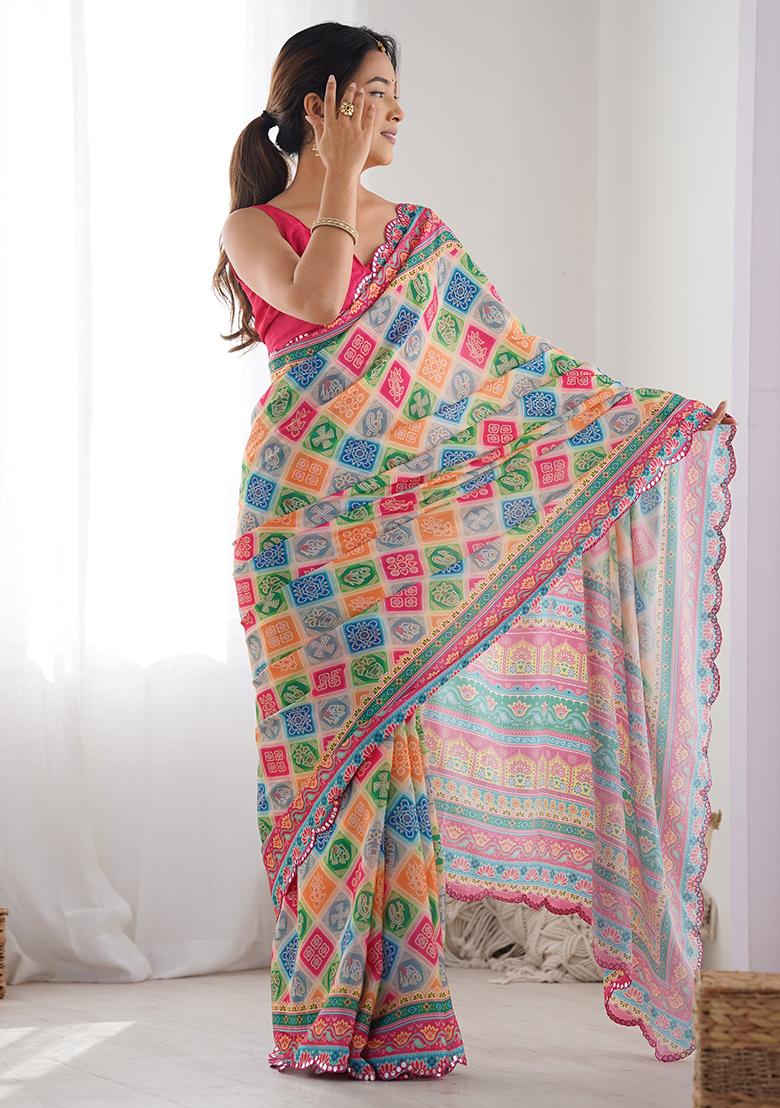 Multicolor Digital Print Chinon Saree Set - Indya