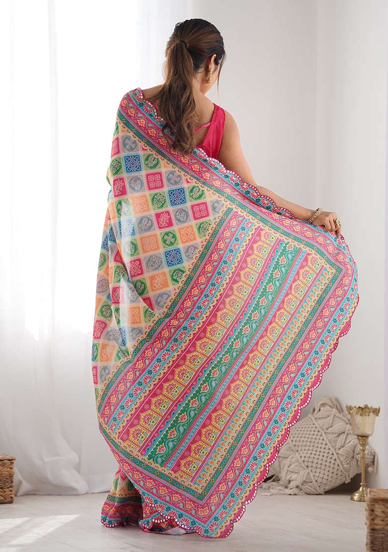 Multicolor Digital Print Chinon Saree Set for Diwali and Festive Wear - Indya