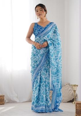 Blue Digital Print Chinon Saree Set