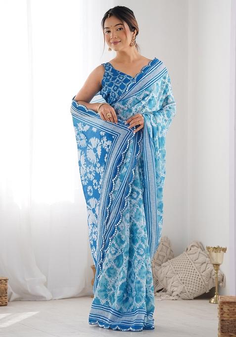 Blue Digital Print Chinon Saree Set
