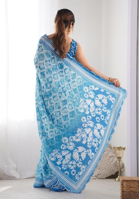 Blue Digital Print Chinon Saree Set