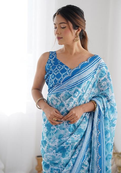 Blue Digital Print Chinon Saree Set